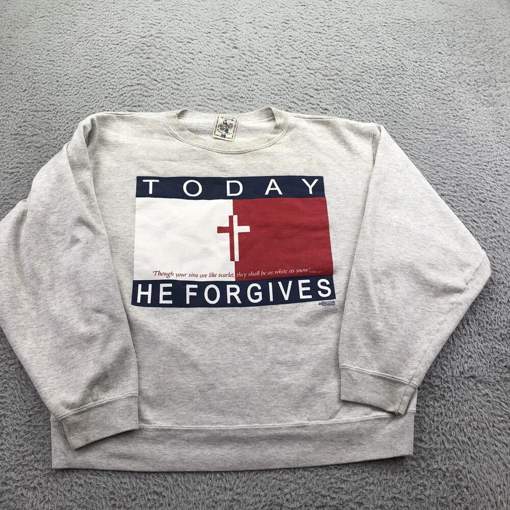 Vintage Religious Sweatshirt Mens Large Gray Crewneck Today He Forgives Cross